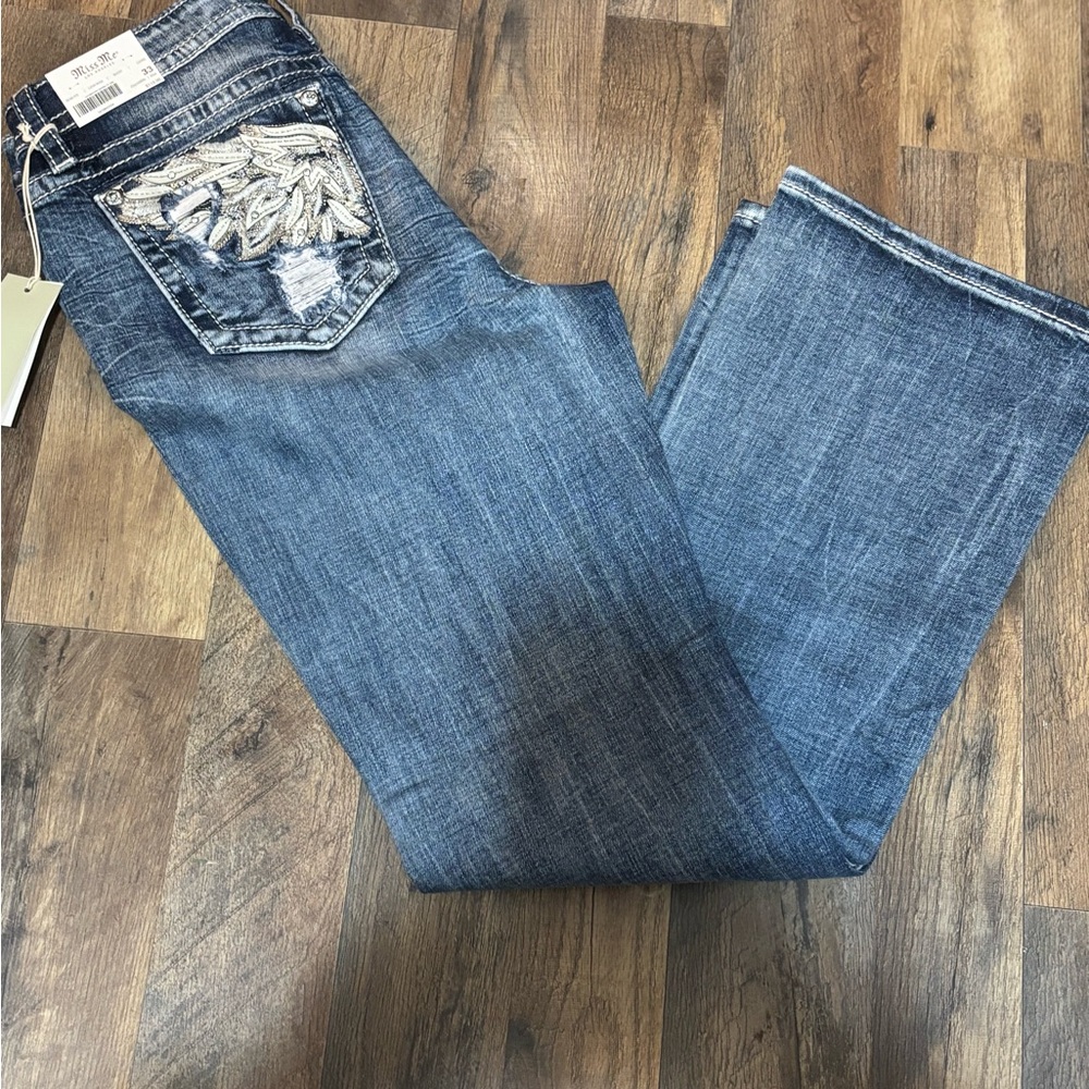 Miss Me Blue Boot Cut Jeans with Silver Embellished Pocket